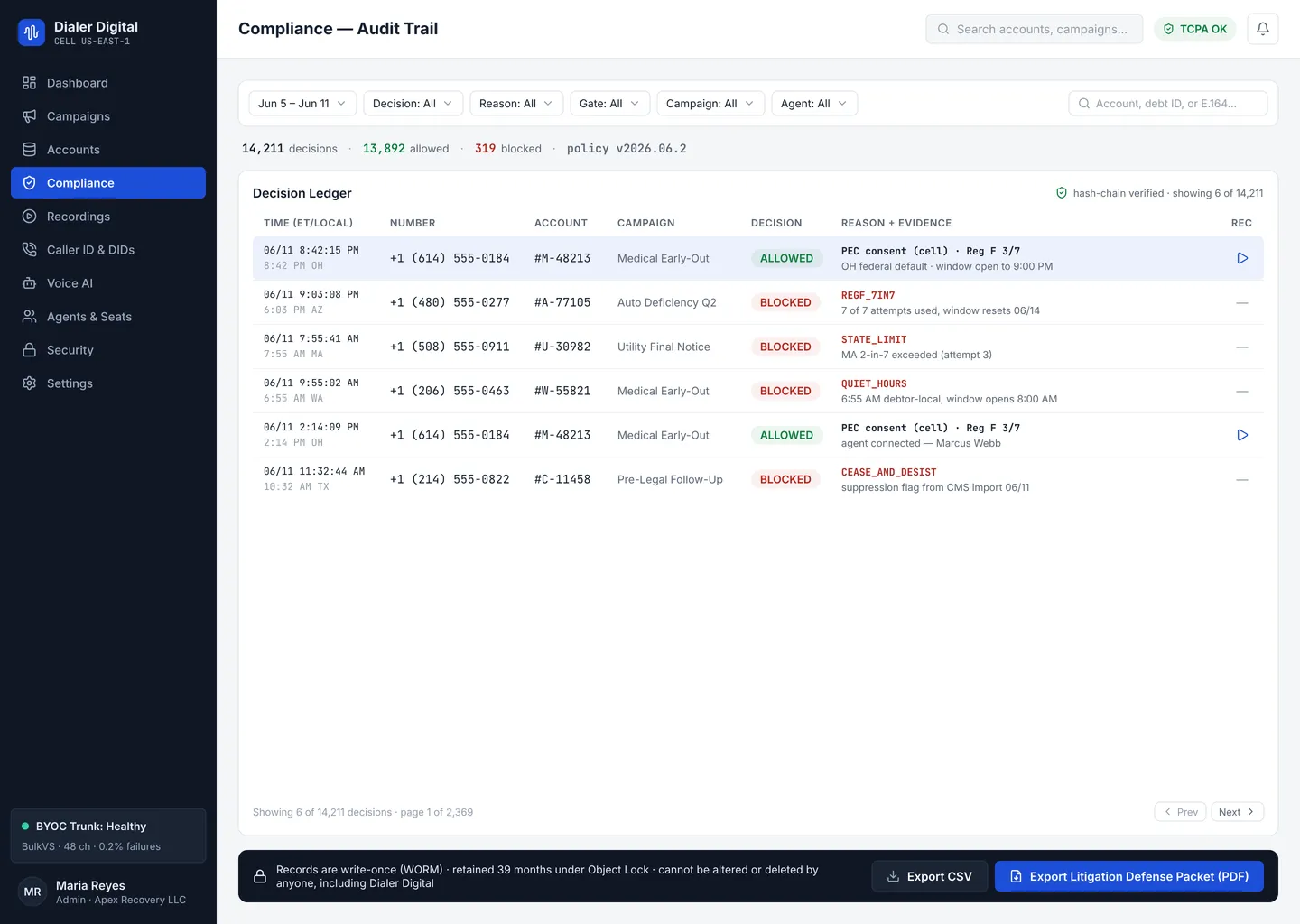 Compliance audit trail screen: per-attempt decisions with frozen rule snapshots